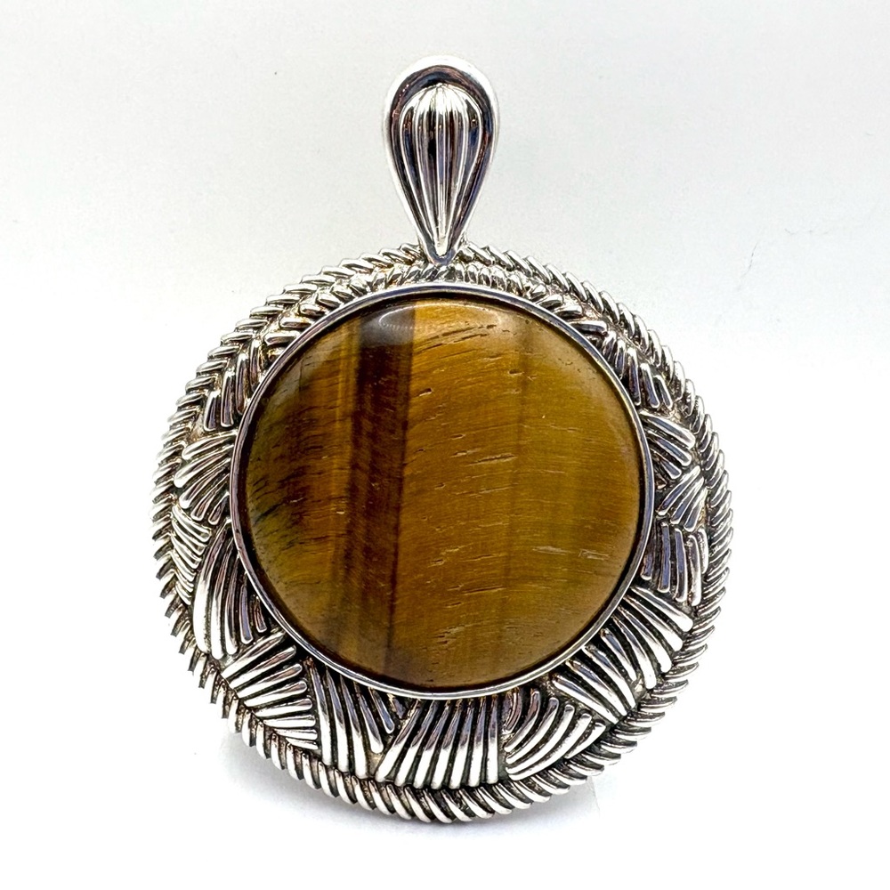 Natural Tiger’s Eye Southwestern Style Round Sterling Silver Enhancer Pendant